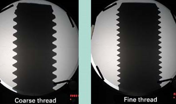 Infographic shows optical comparators and the difference between coarse thread and fine thread.